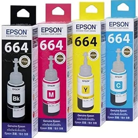 EPSON T664 VALUE PACK(USE WITH)-Cyan, Magenta, Yellow, Black) Ink Tank Printer L100, L200, L210, L220, L300, L310, L350, L355-70 ML Each Bottle